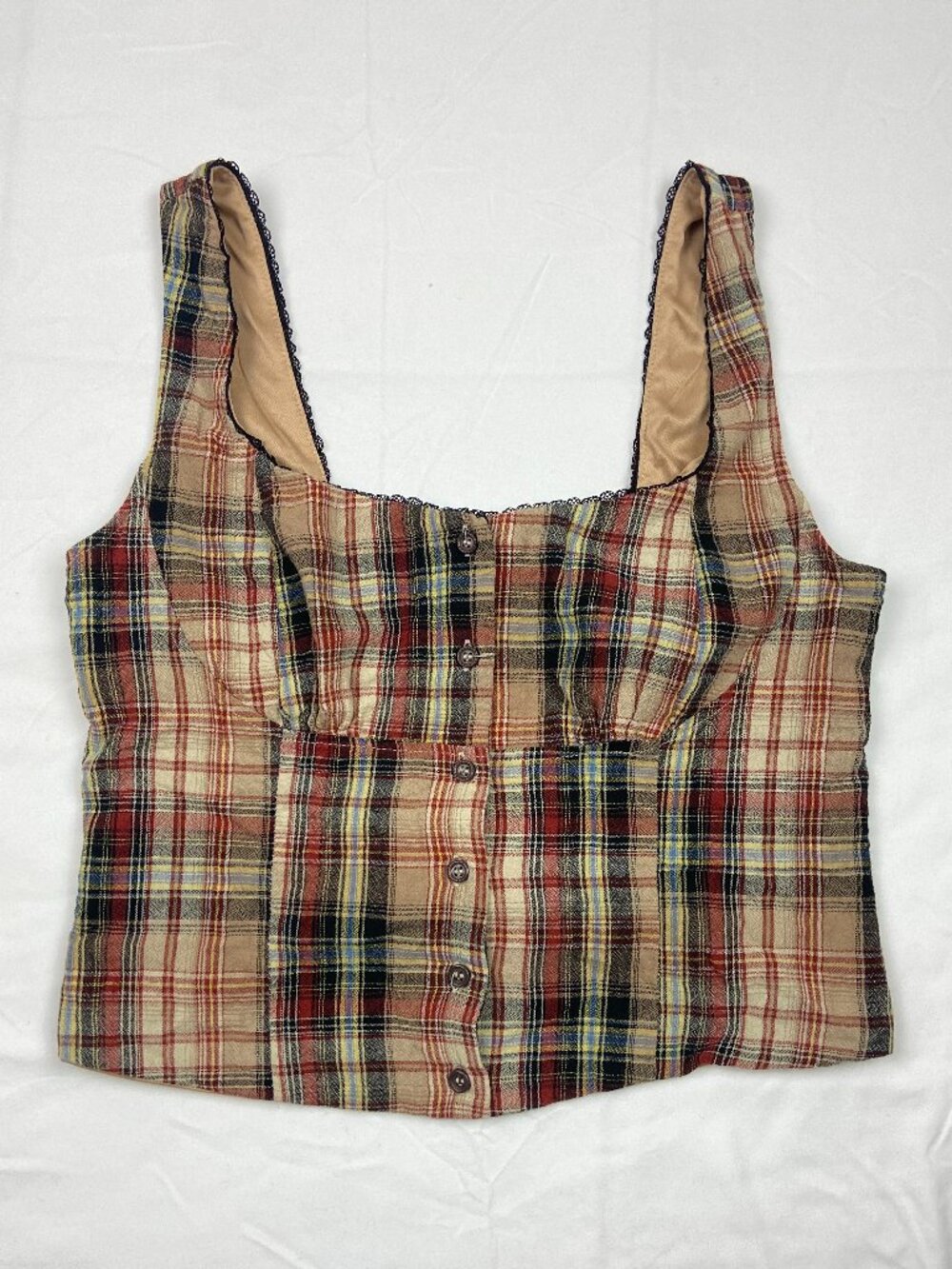 Kirious Los Angeles Plaid Crop Top Size Small Tan, Black & Red